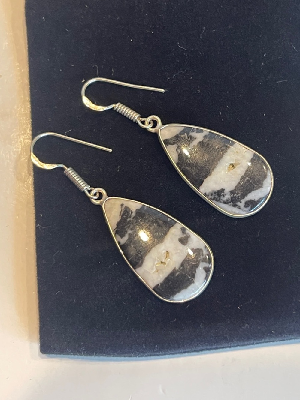 Sterling Silver Black and White Teardrop Stone Earrings